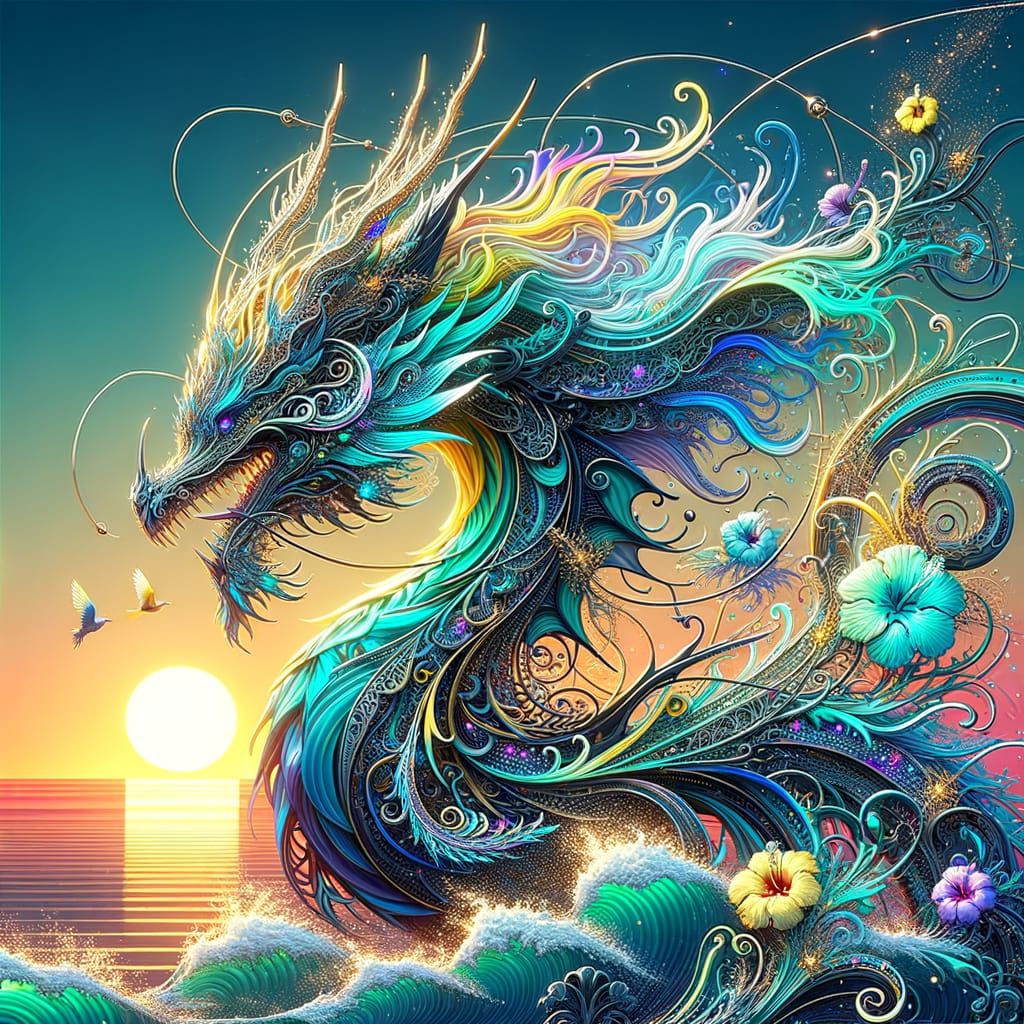 Sparkle Filigree holographic intricate macro dragon teal yel...