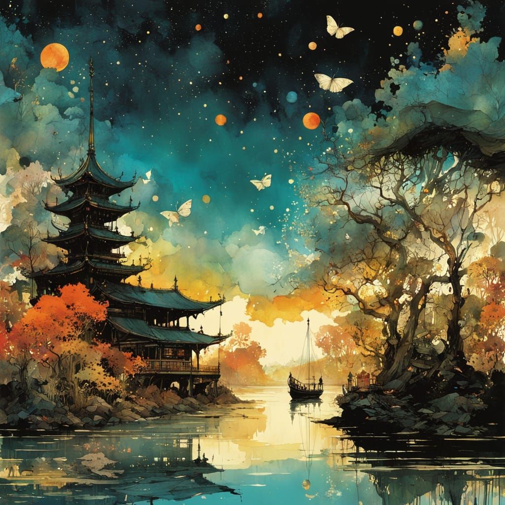 Watercolor Paradise World with Galaxies and Golden Trees