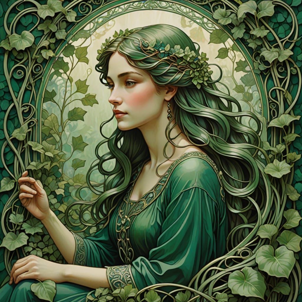 Art Nouveau Serene Woman in Lush Emerald Garden