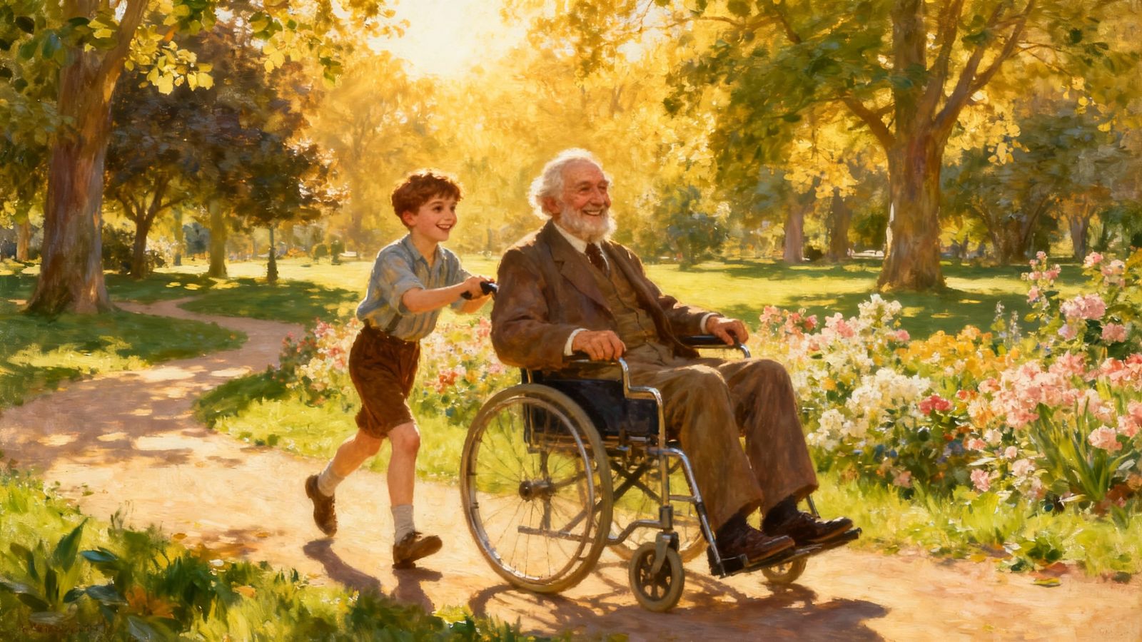 Joyful Park Outing: Boy and Grandfather in Sunlit Serenity