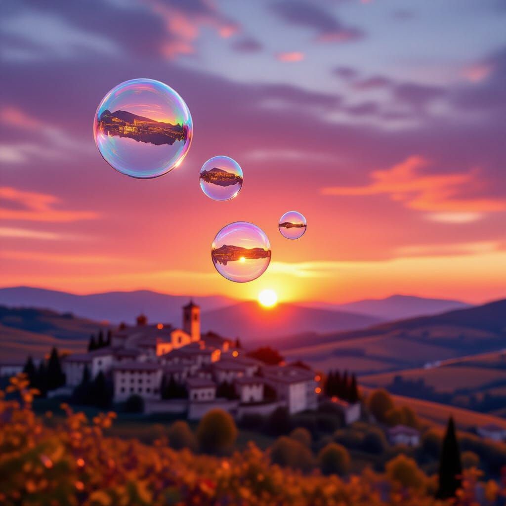 Iridescent Bubbles Reflect Italian Town at Sunset