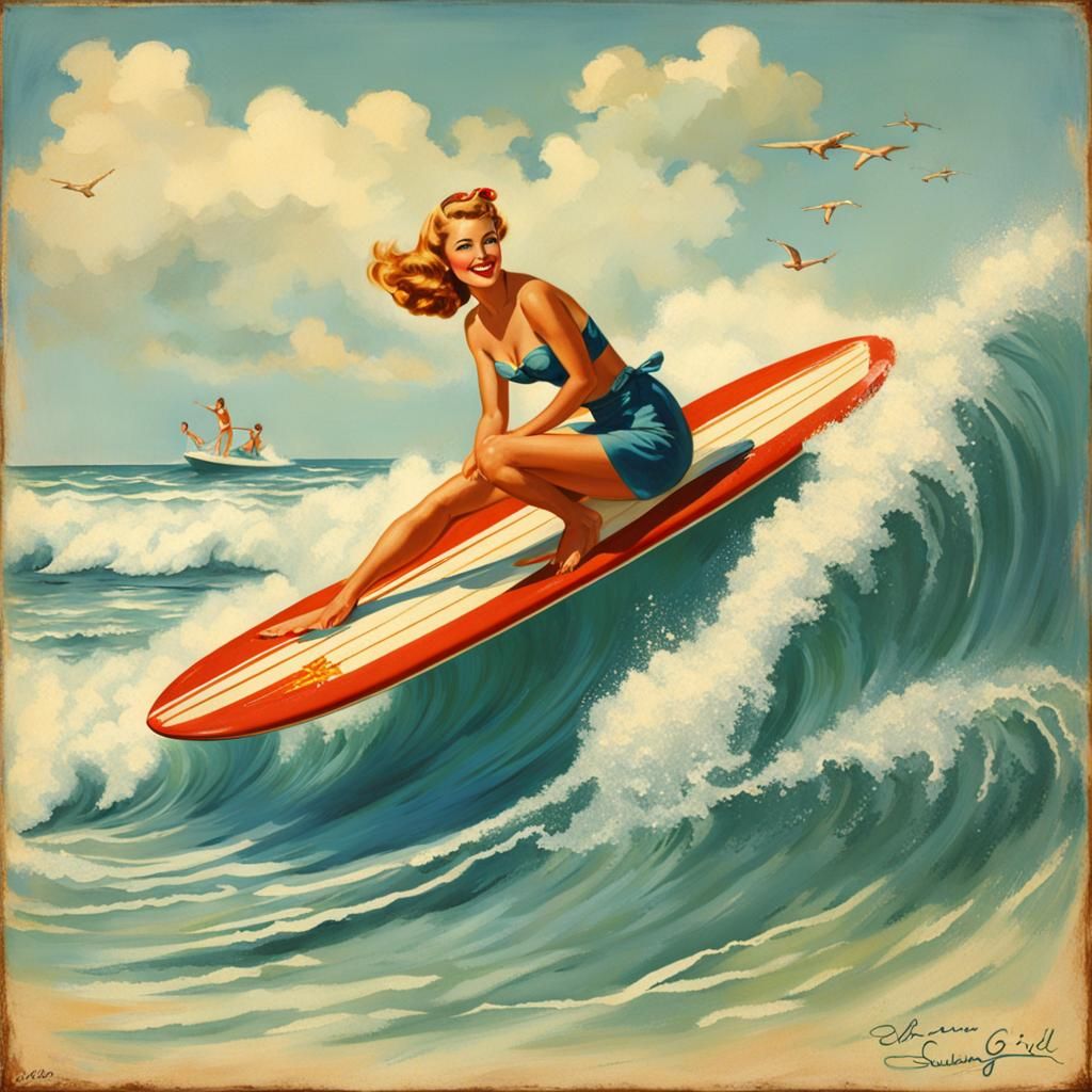 Sassy Surfing Pin-Up in Coastal Attire