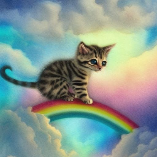 Kitten Crossing Rainbow Bridge in Watercolor Style