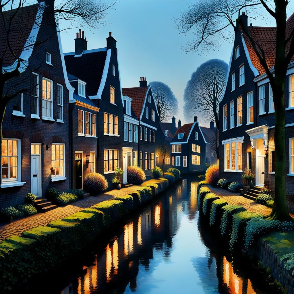 Cozy Dutch Houses in Evening Light: Watercolor Painting