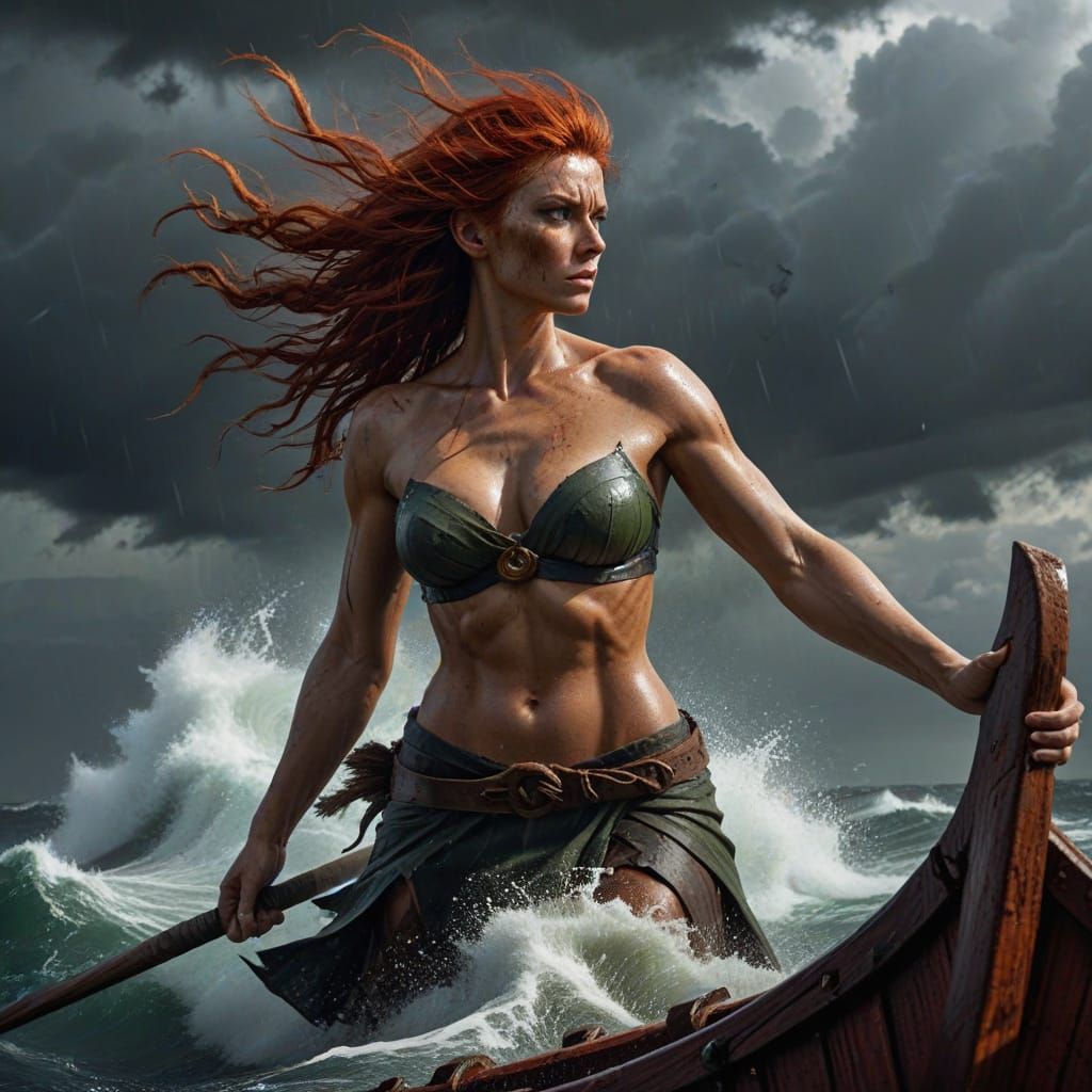 Viking Warrior Woman in Stormy Sea, in Frazetta Style