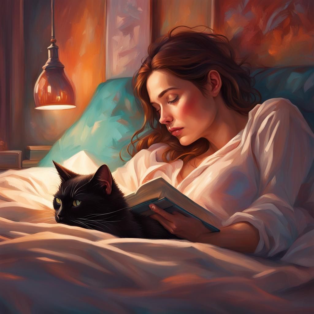Woman Reading with Cat: Hyperrealistic Splash Art