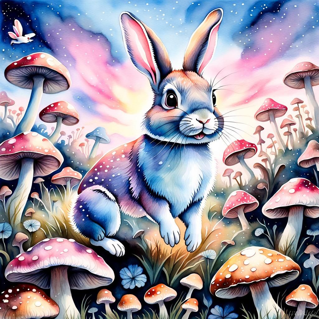 Rabbit Soaring Through Mushroom Field: Watercolor Painting