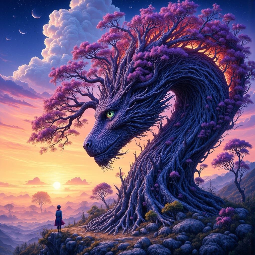 Dragon Tree Wonderland in Vibrant Gouache Swirls
