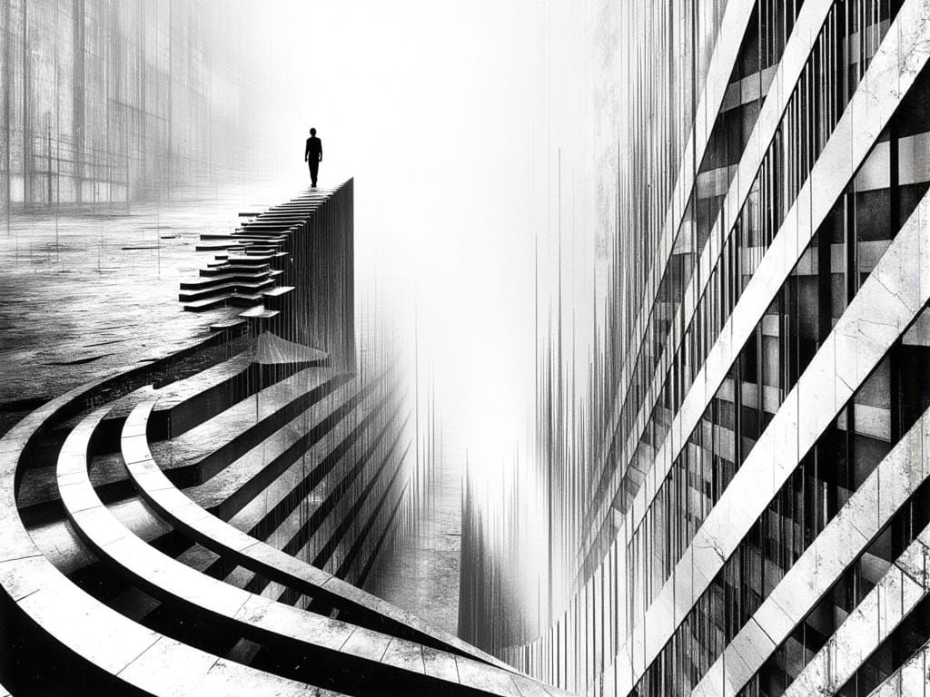 Abstract Vertigo Art: Wavy Lines on Warped Architecture