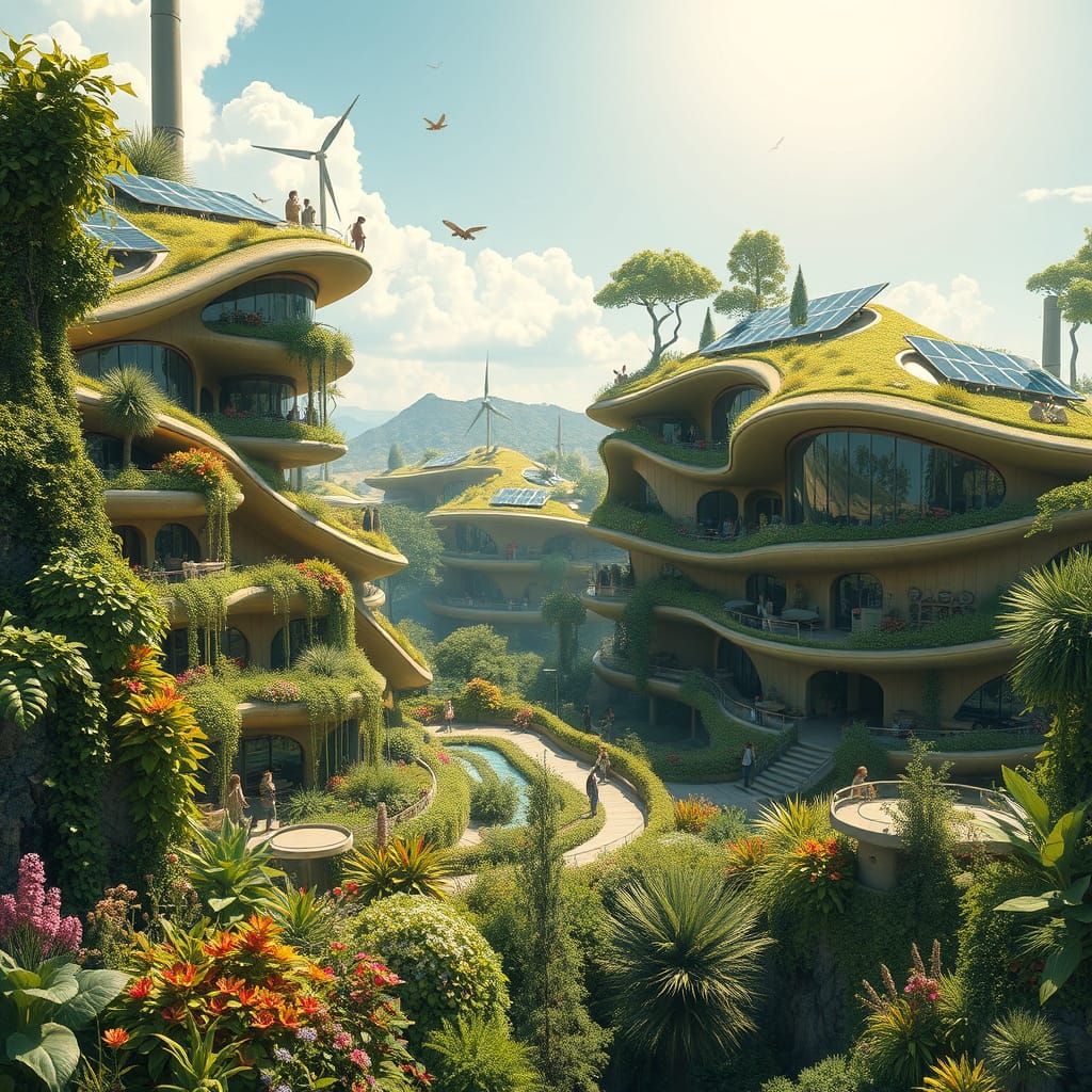 Surreal Solarpunk Oasis with Futuristic Eco-Architecture