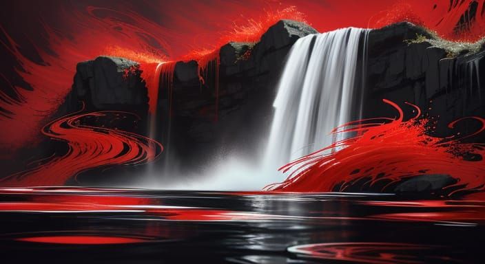 Ink Waterfall with Swirling Red Mist: Digital Art