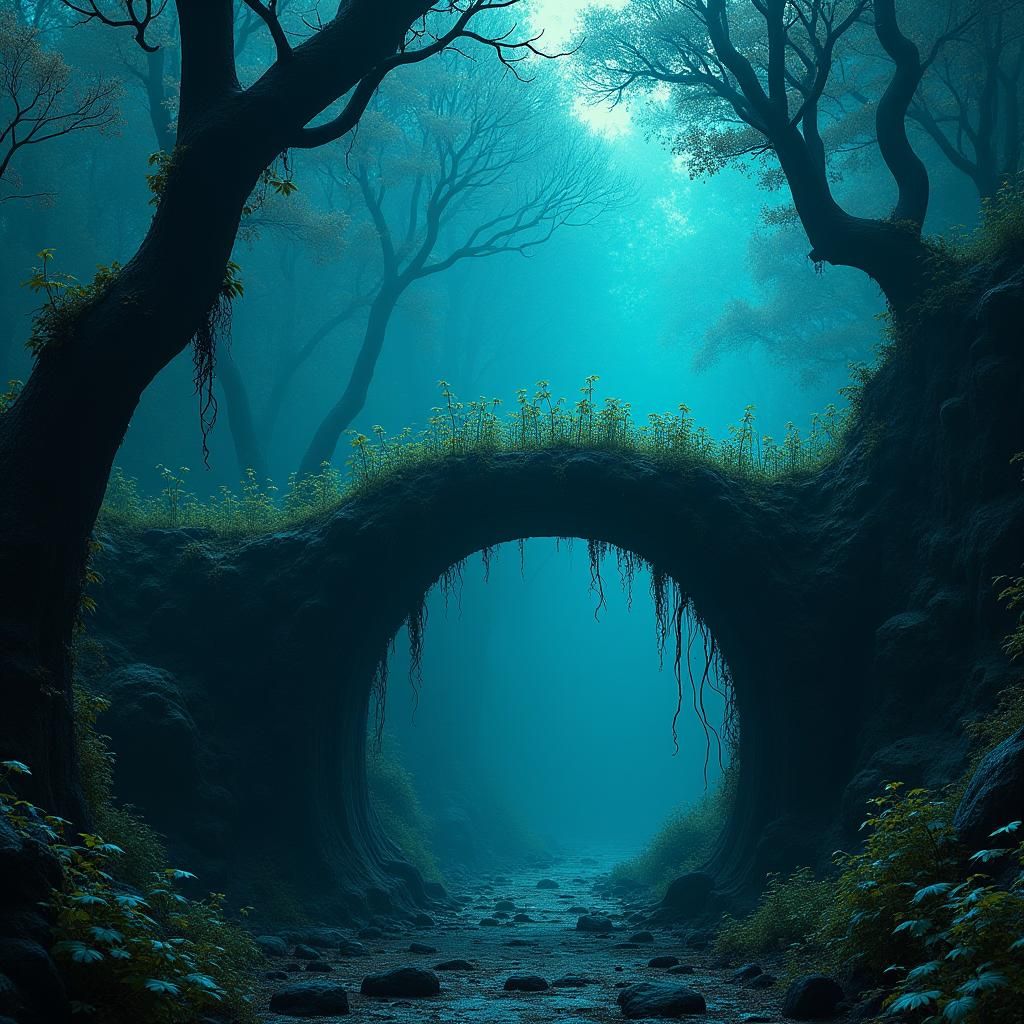 Glowing Plants Overgrow Ancient Bridge at Night