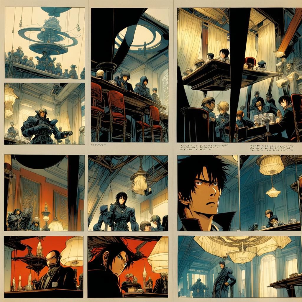 Art by Tsutomu Nihei, Hiroya Oku, Masamune Shirow, influenced by 'Signalis' aesthetic, an elaborate dining room set with...