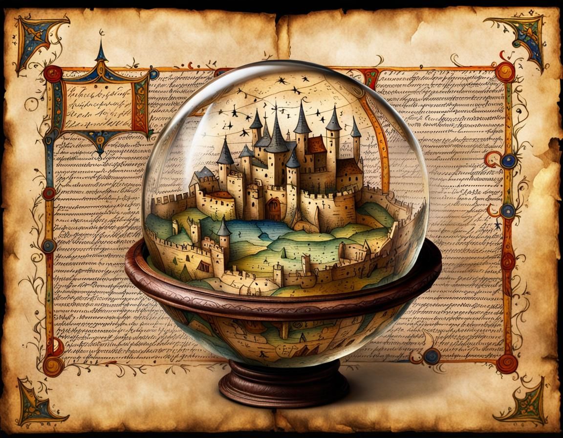 Detailed Medieval World in Glass Ball on Parchment