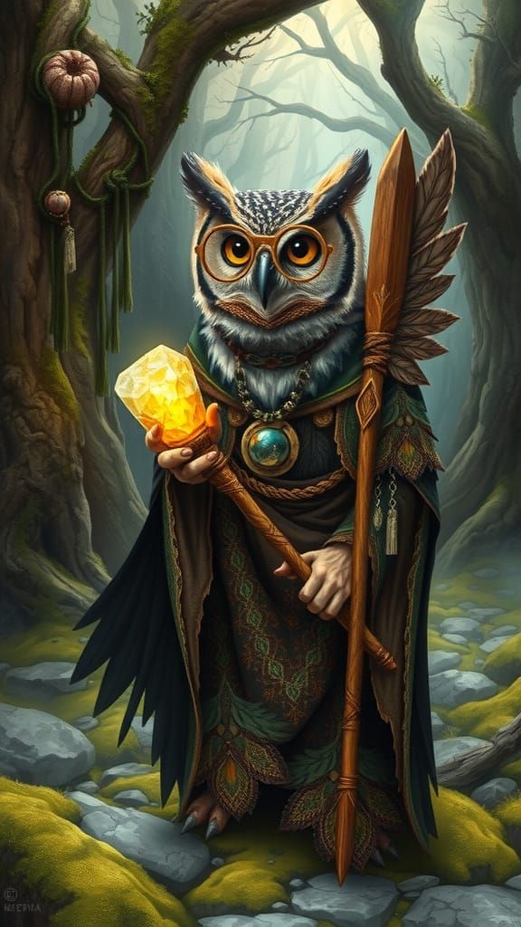 anthropomorphic owl with big, round glasses perched atop its...