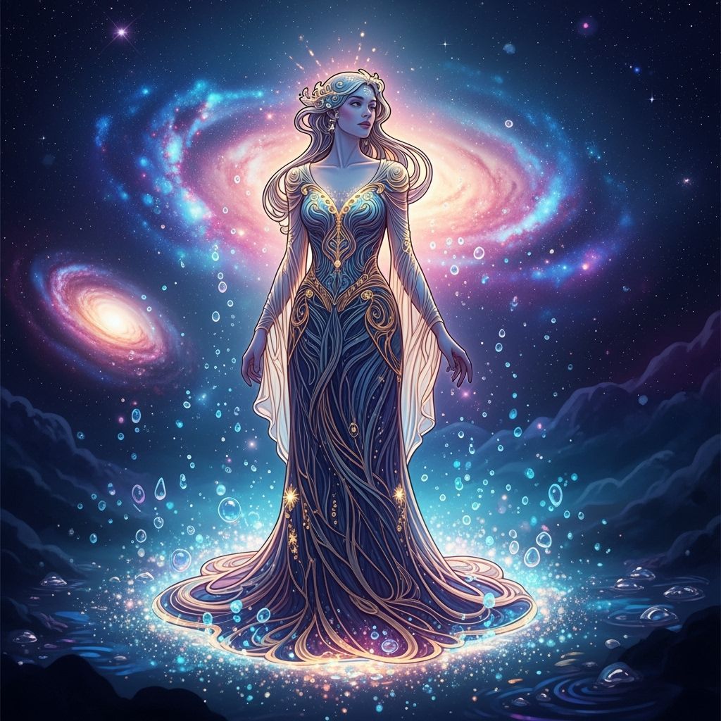 Celestial Woman in Starry Night, Art Nouveau Style