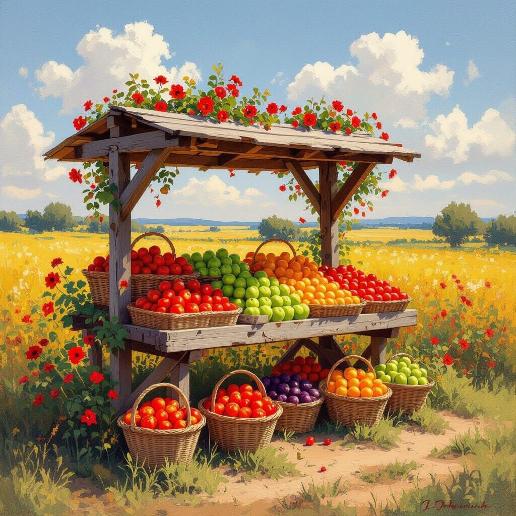 Impressionist Farm Stand Overflowing With Fresh Produce