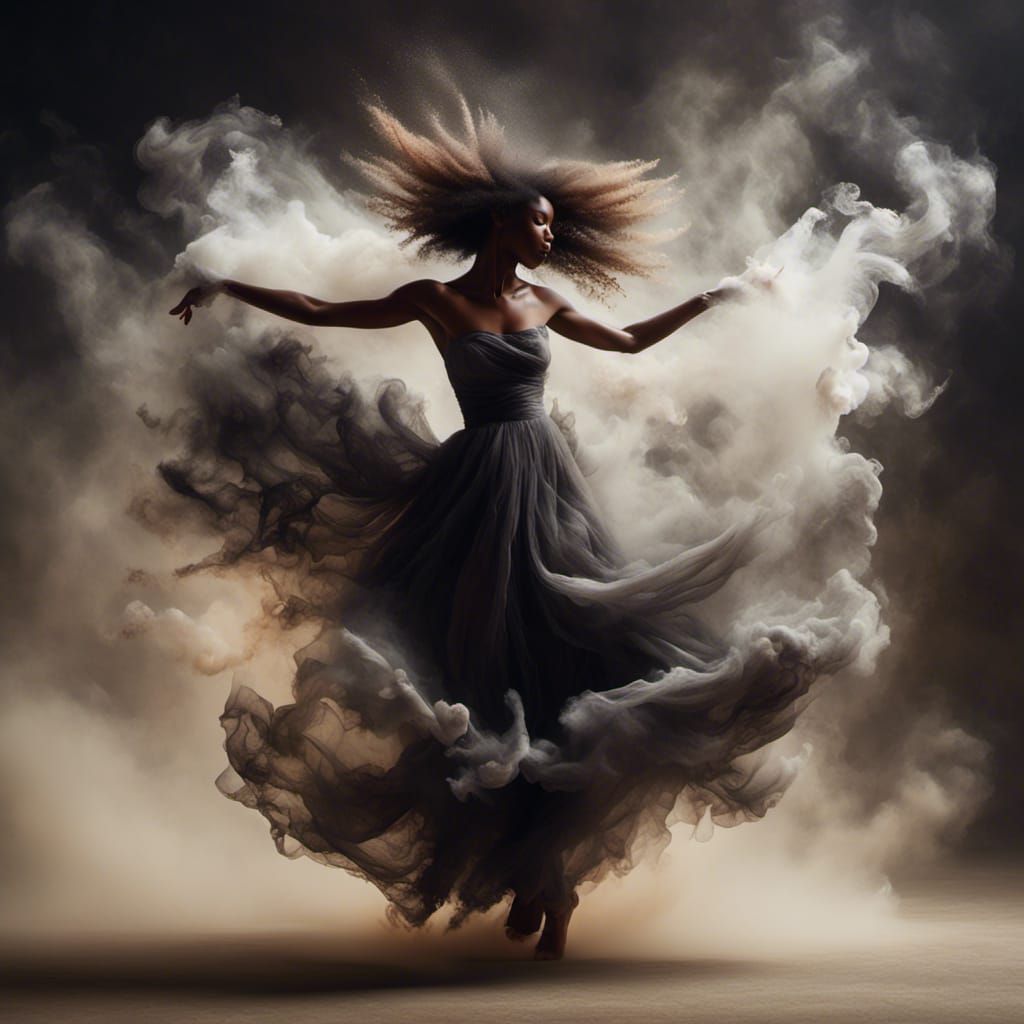 A spectral woman, formed from mist, dances with abandon.