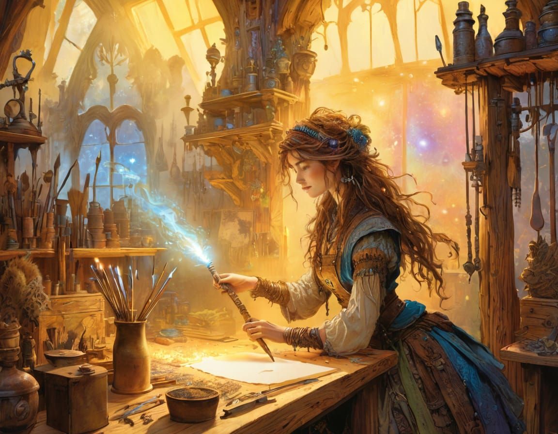 Steampunk Wand Maker Crafting Magical Wand in Dusty Workshop