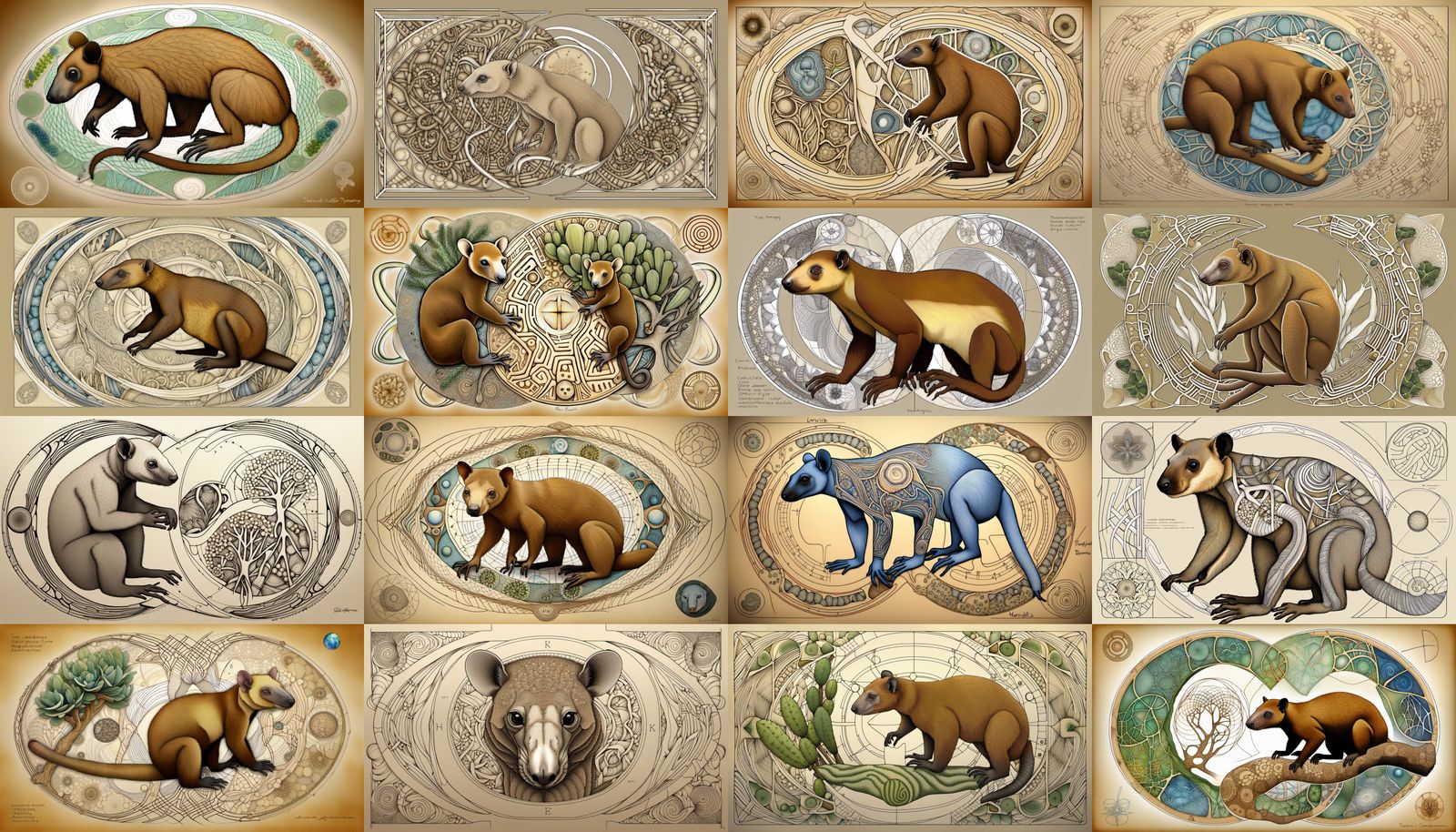 Technical Drawings of Tree Kangaroo with Flora