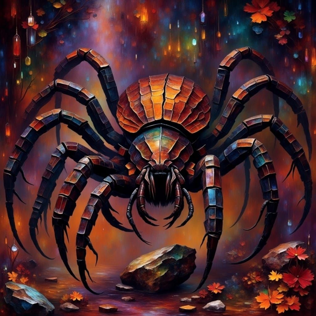 Menacing Arachnoid Horror in Crystal Cave: Ink and Acrylic A...