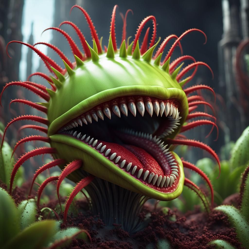 a Venus flytrap with sharp metallic teeth and a futuristic twist