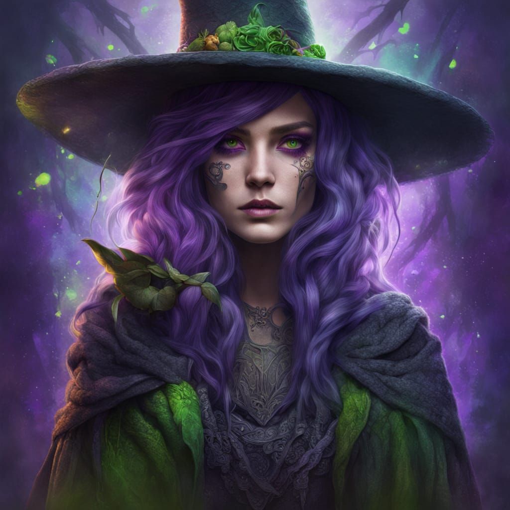 Witch Concept Art with Vibrant Purple Hair and Green Eyes