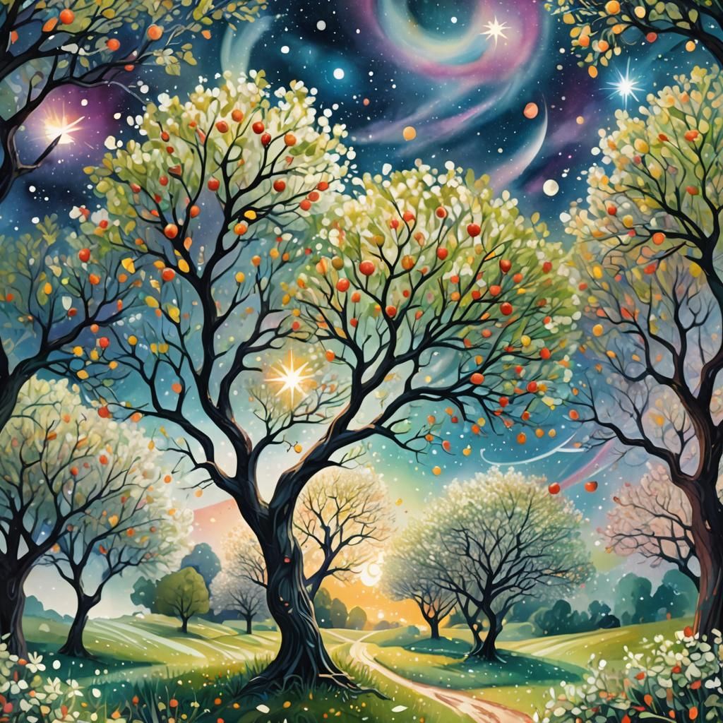 Cosmic Surrealist Apple Trees in June Landscape