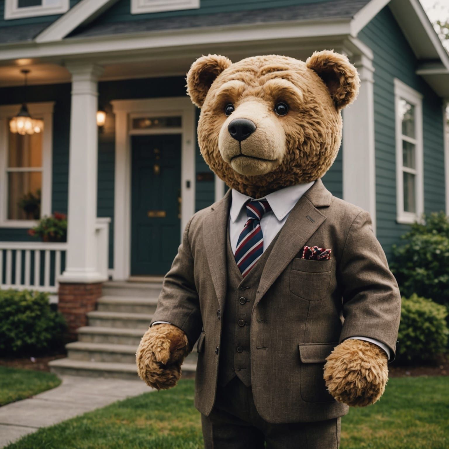 Teddy Bear Real Estate Agent: Cinematic Film Still