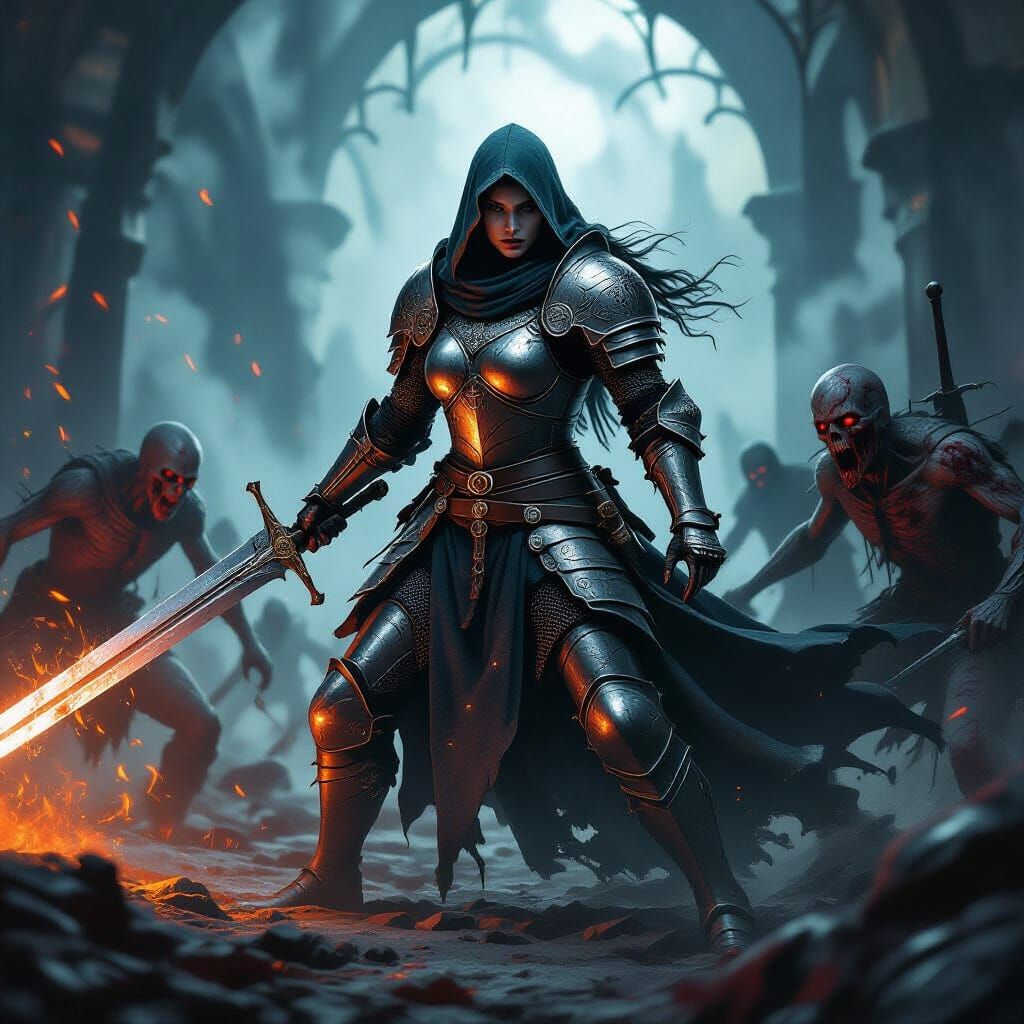 Female Knight Templar Battles Zombies in Gothic Style