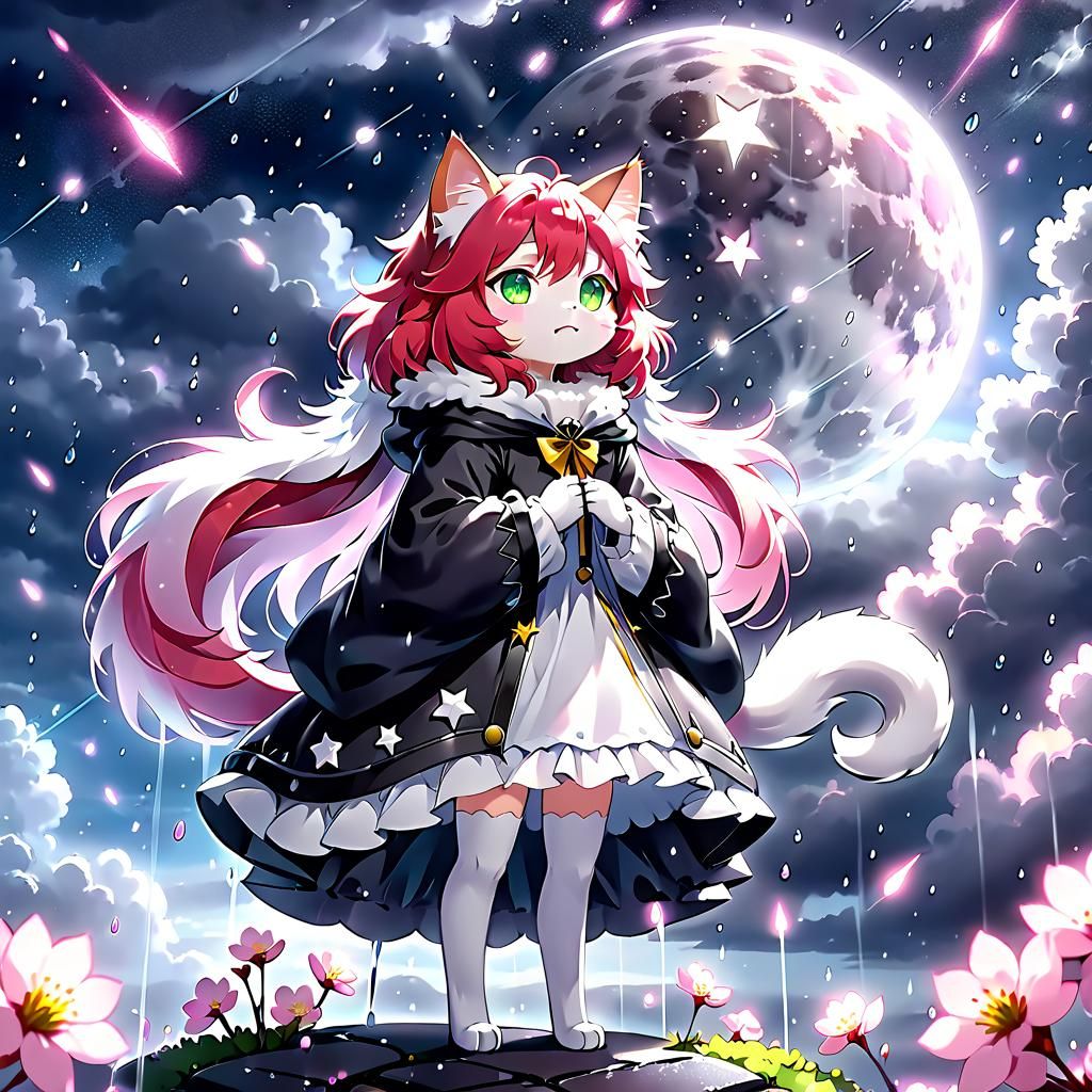 Anime Cat Girl on Sakura Flower, Ghibli Style