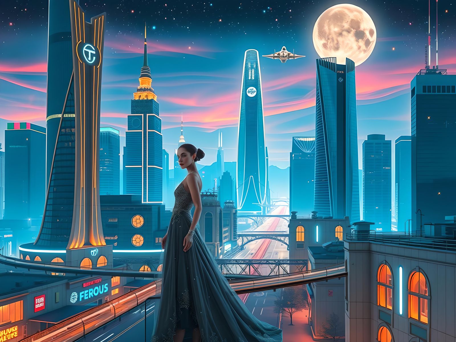 Retrofuturistic Art Deco Architecture with Flying Cars