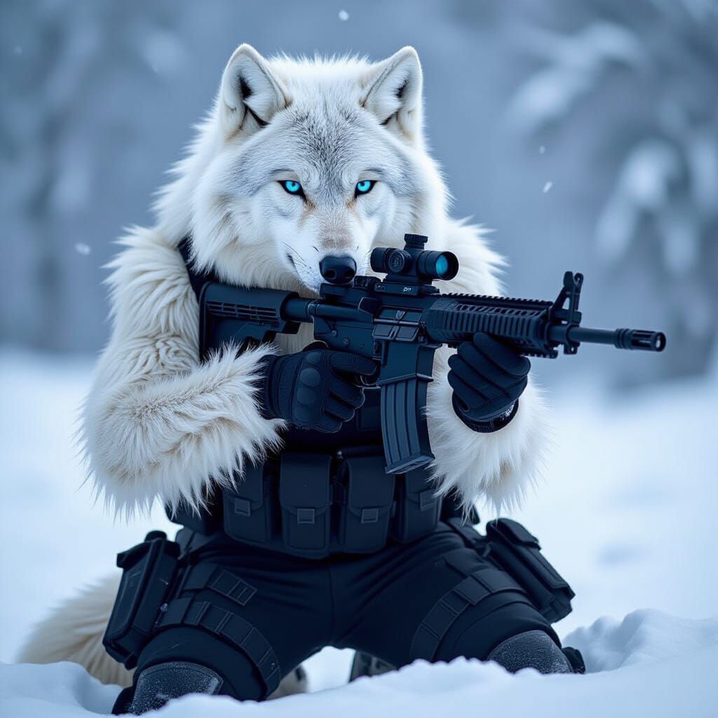 Wolf Soldier in Combat Gear Kneeling in Snow