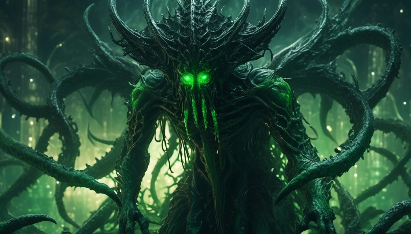 Lovecraftian Demon with Green Eyes in Hellscape