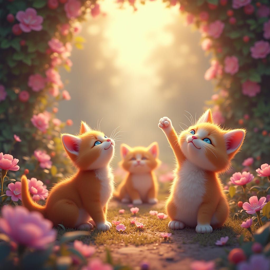Surreal Whimsy: Joyful Cats in Vibrant Fantasy Landscape