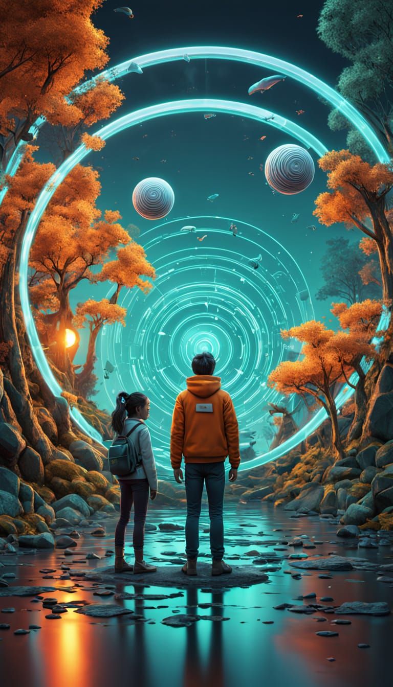 Vibrant Layered Abstract with Children in Anime Style