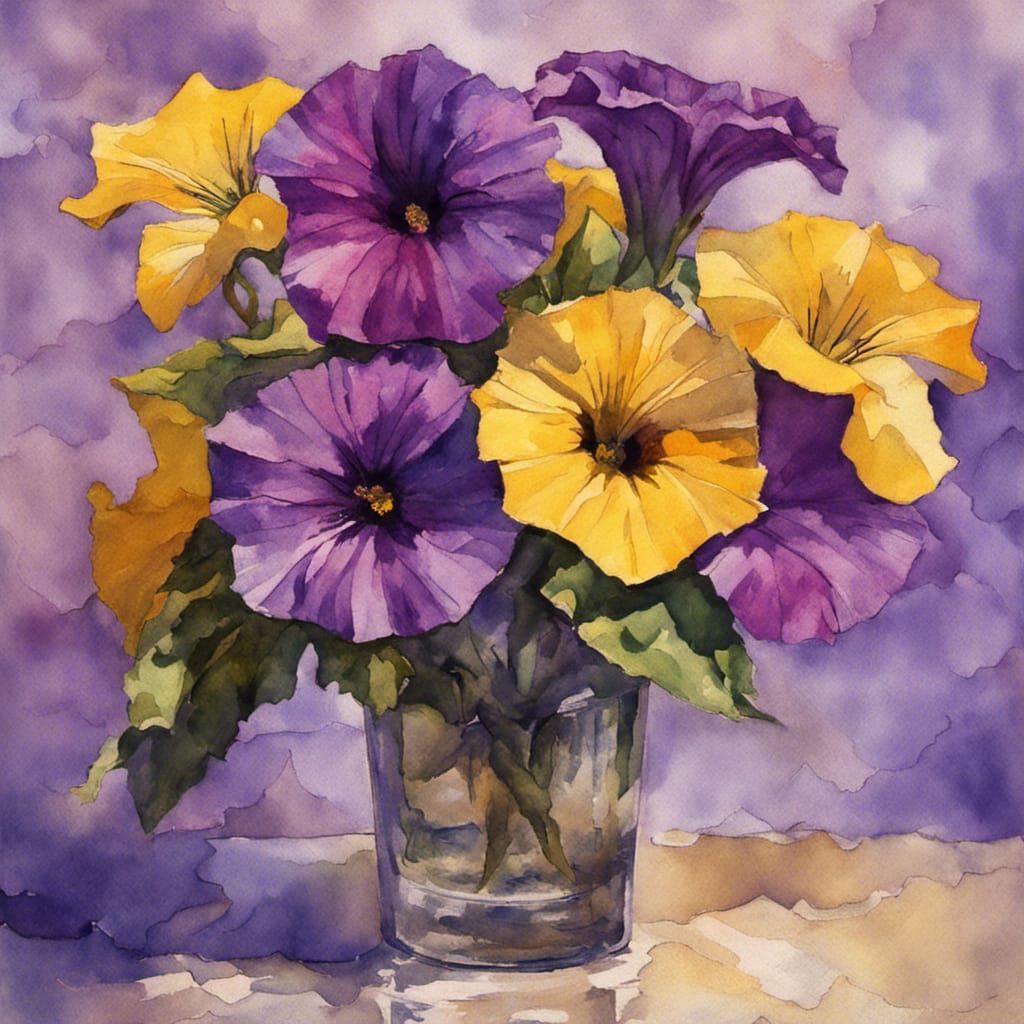 Petunias in Vase Still Life, Watercolor Impasto Painting