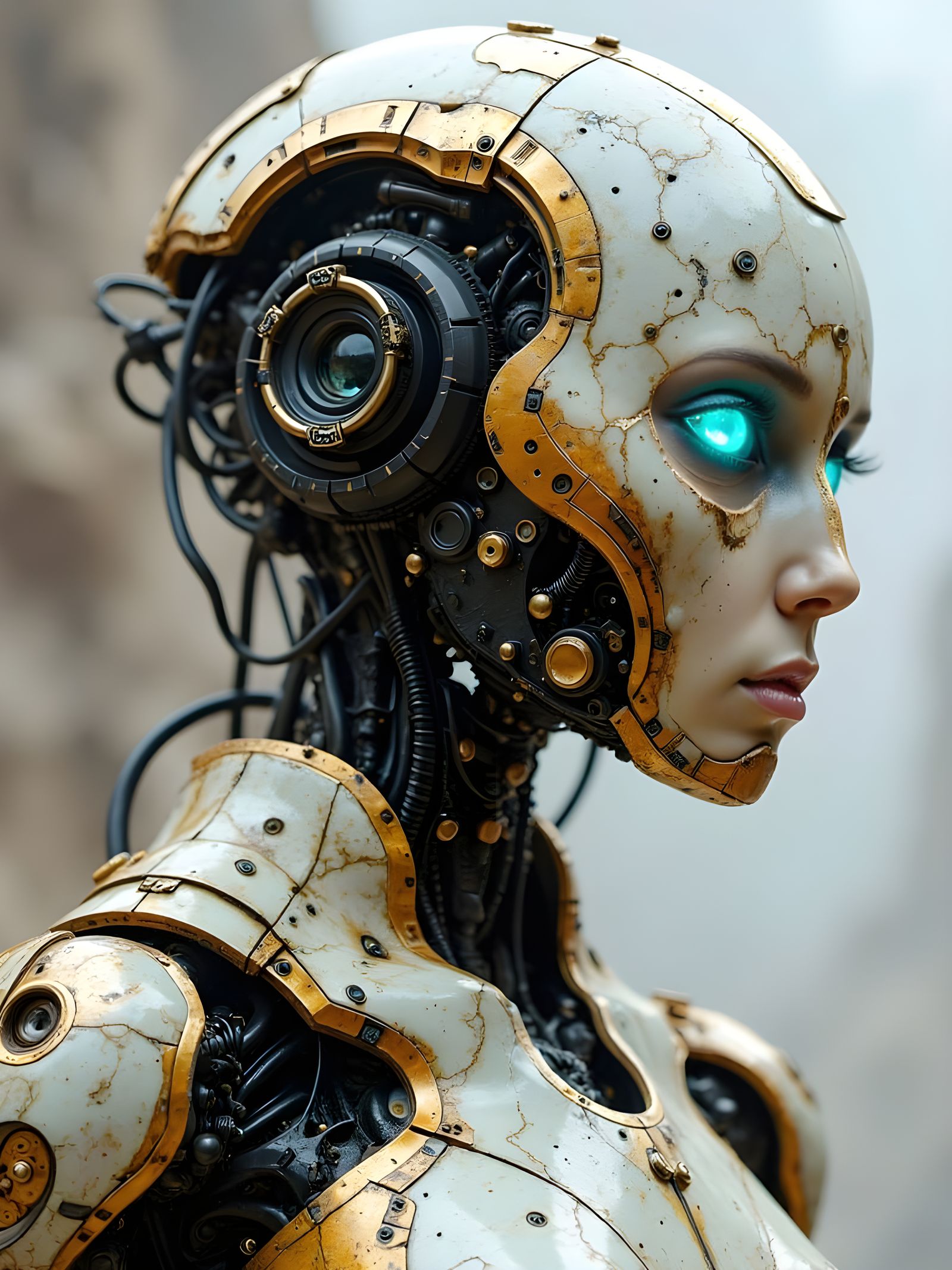 Mechanical Goddess in Distressed Cyberpunk Aesthetic