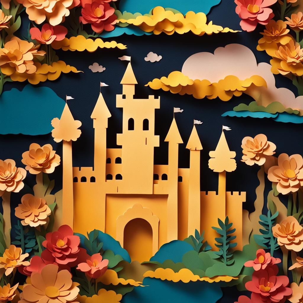 Paper Art Castle with Flowers and Golden Sky