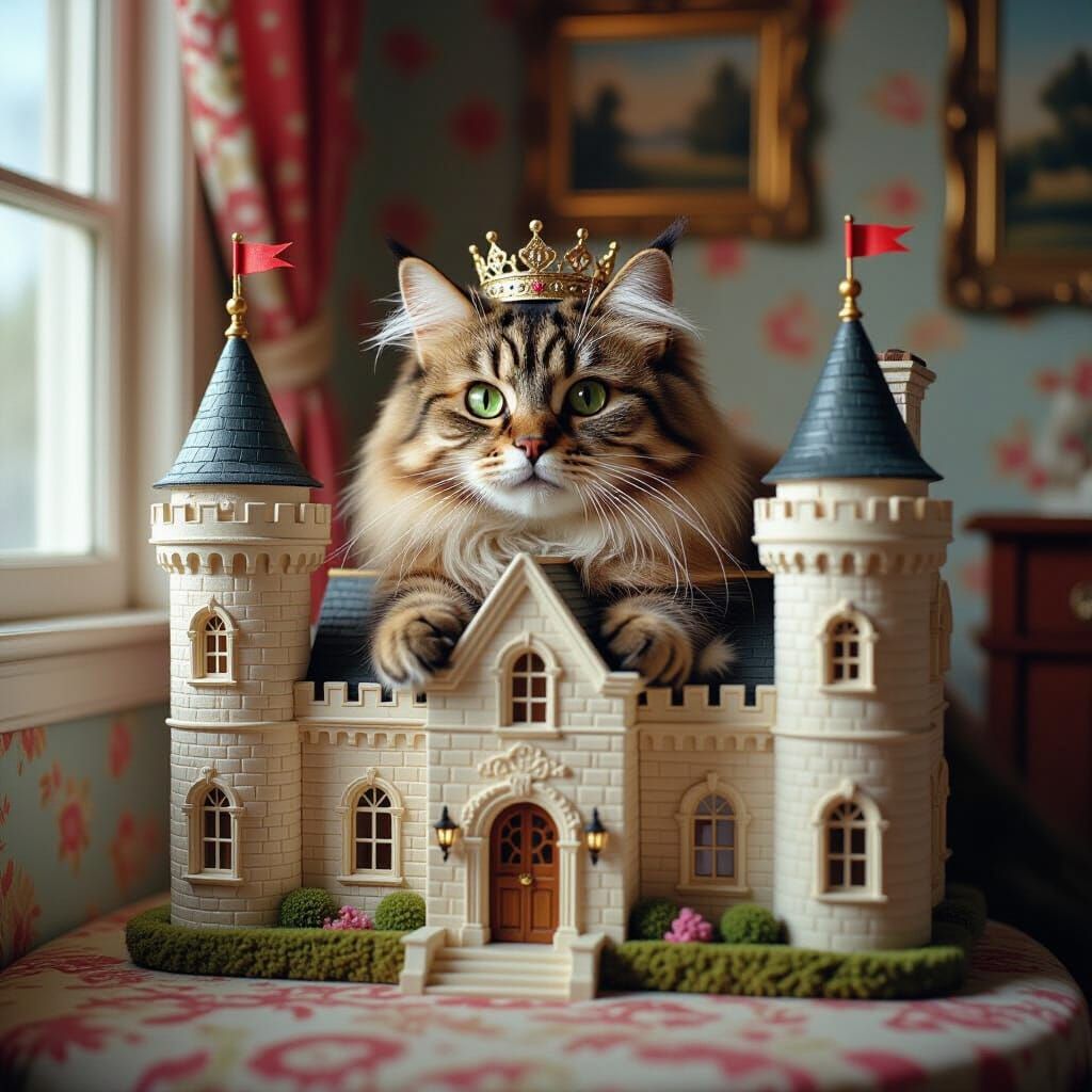 Fluffy Cat Reigns Supreme in Dollhouse Castle