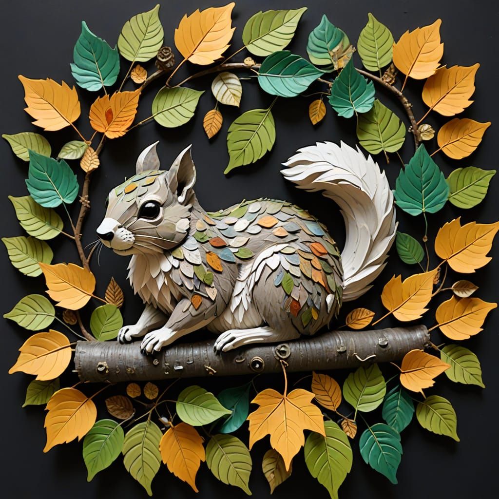 Squirrel Sleeping in Leaf Nest: 3D Papier Mache Sculpture