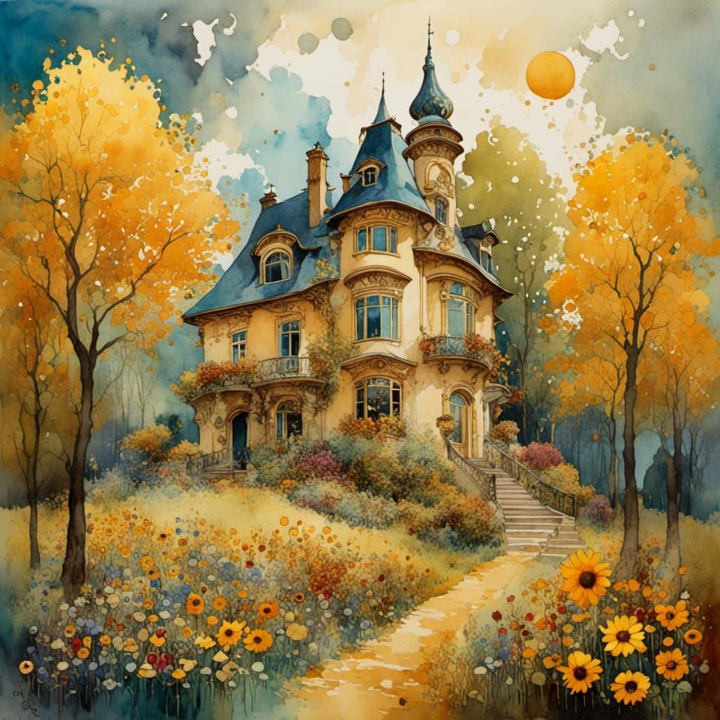 Klimt-Inspired House with Colorful Trees in Watercolor
