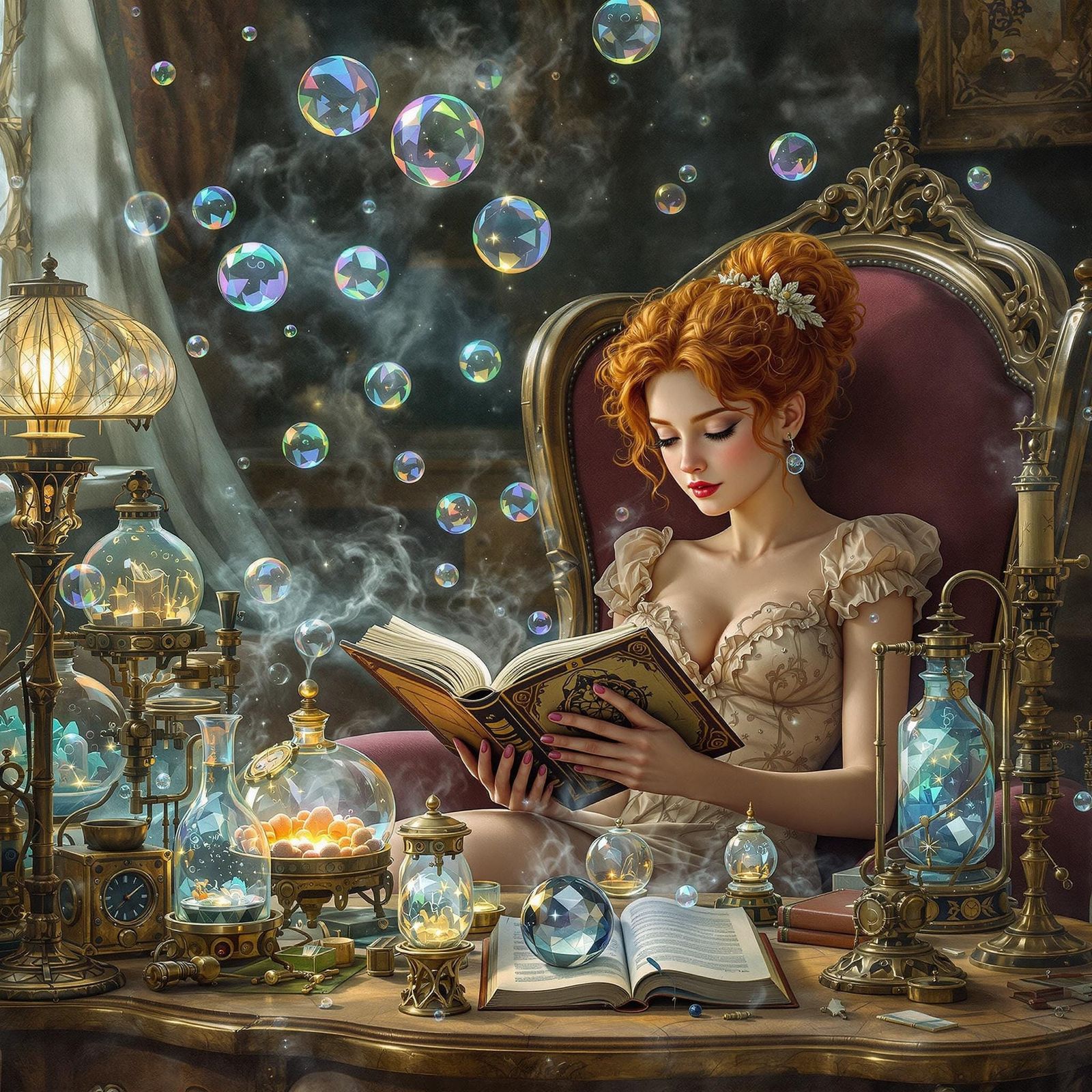 Whimsical Steampunk Girl Reads in a Gilded Bubblescape