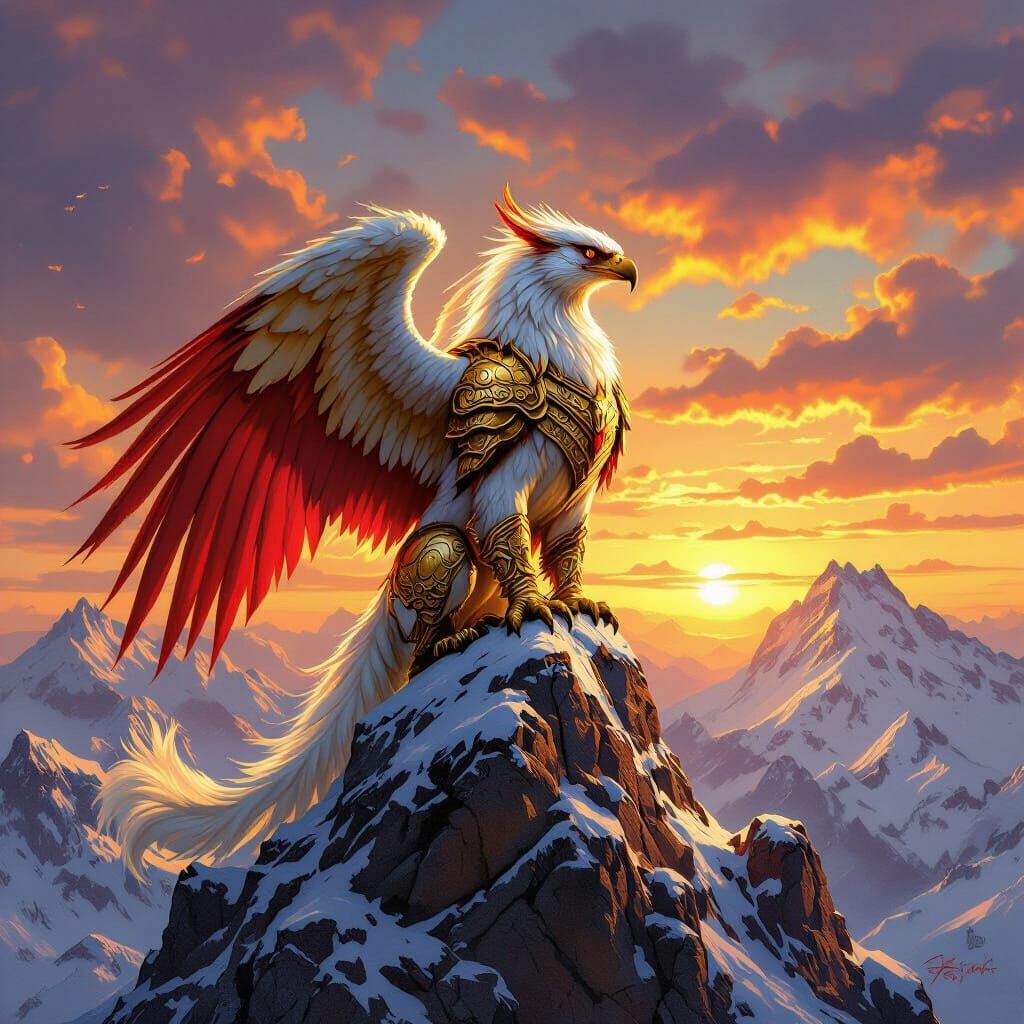 Golden Griffin on Mountain Peak in Fantasy Art Style