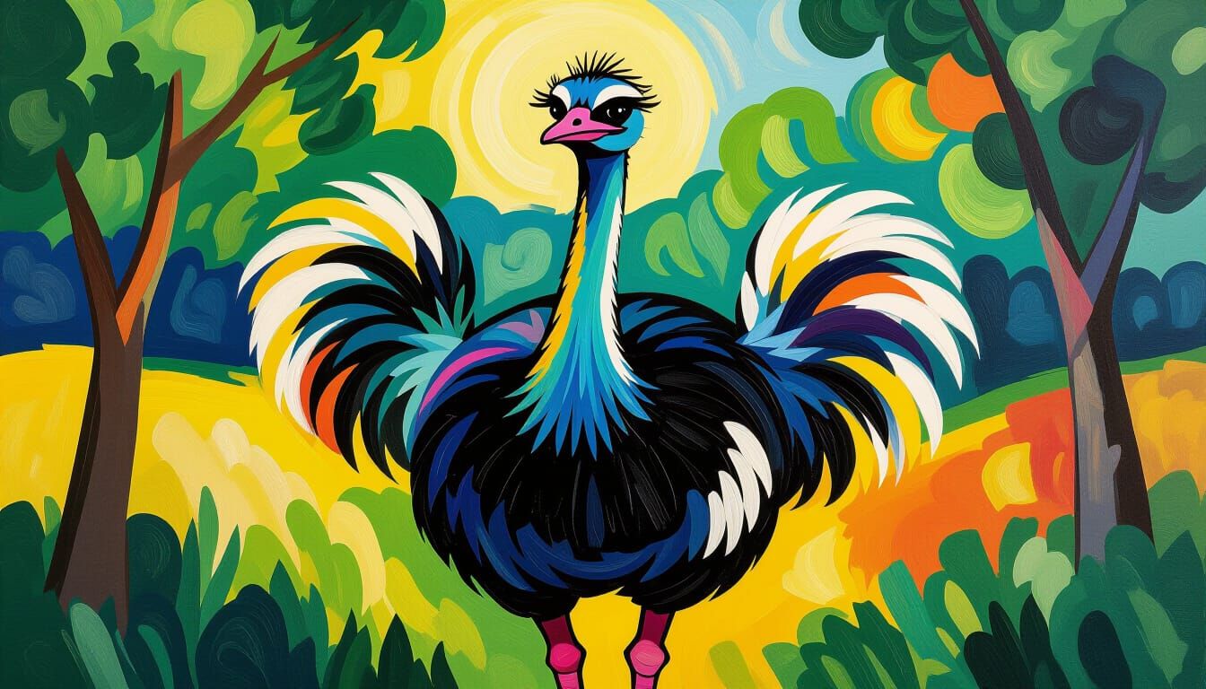 Majestic Ostrich in Neo-Impressionist Oil Painting