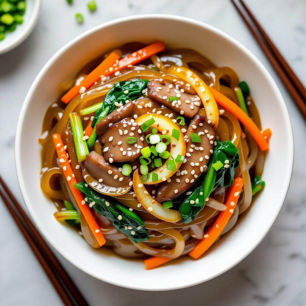 Appetizing Japchae Korean Noodle Dish Close-Up