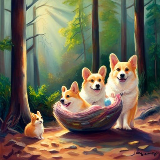 Rainbow Corgis Find Easter Egg Nest, Oil Painting