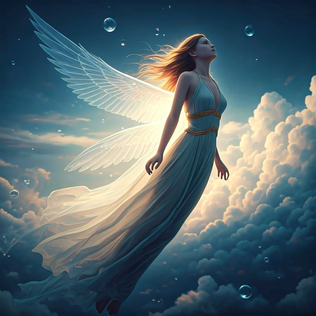 Ethereal Winged Women Ascend Through Iridescent Clouds