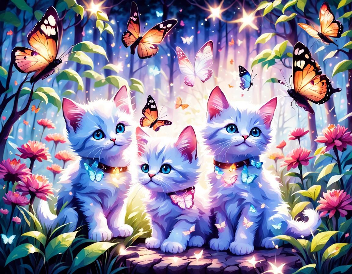 Magical Kittens Playing with Butterflies in Forest