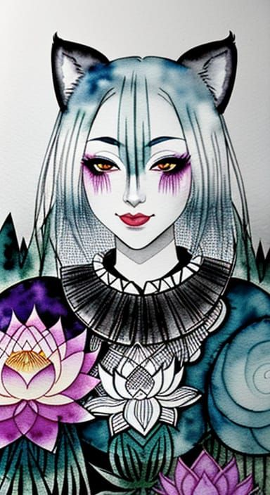 Kitsune in Liminal Lotus Swamp: Graffiti Watercolor